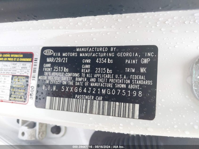 2021 Kia K5 Gt-Line VIN: 5XXG64J21MG075198 Lot: 39447716