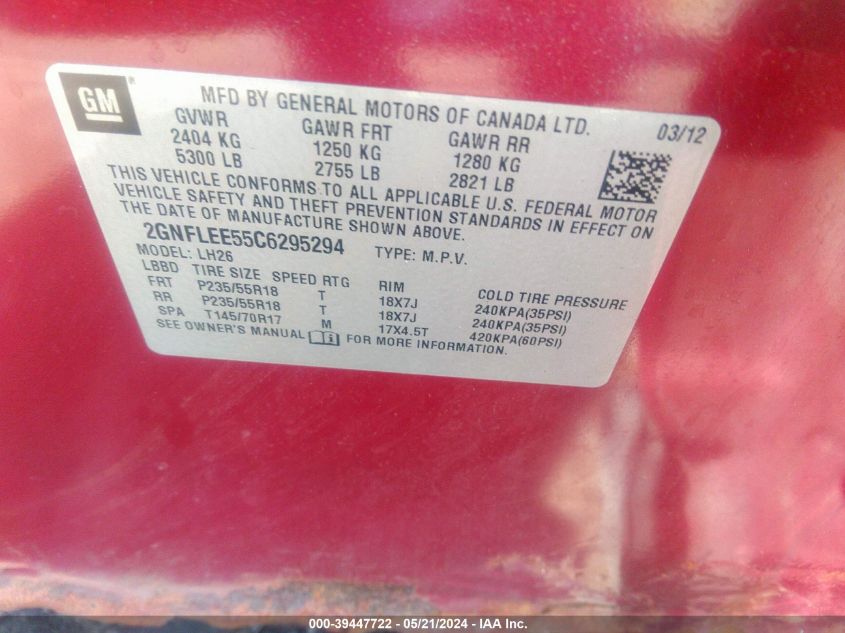 2012 Chevrolet Equinox 1Lt VIN: 2GNFLEE55C6295294 Lot: 39447722