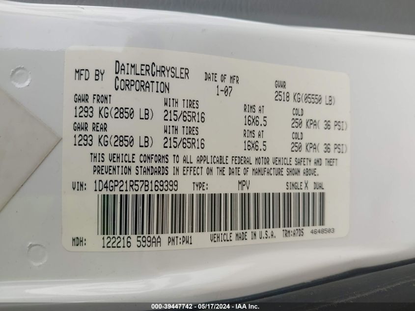 2007 Dodge Caravan Cv VIN: 1D4GP21R57B169399 Lot: 39447742