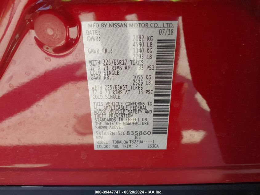 2018 Nissan Rogue Sv VIN: 5N1AT2MT5JC835860 Lot: 39447747