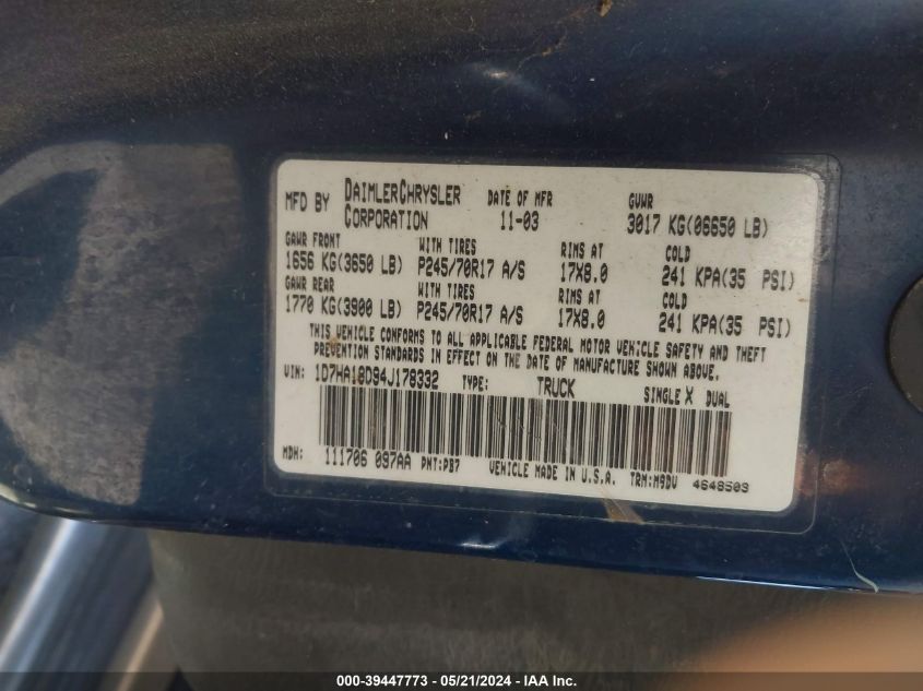 2004 Dodge Ram 1500 Slt/Laramie VIN: 1D7HA18D94J178332 Lot: 39447773