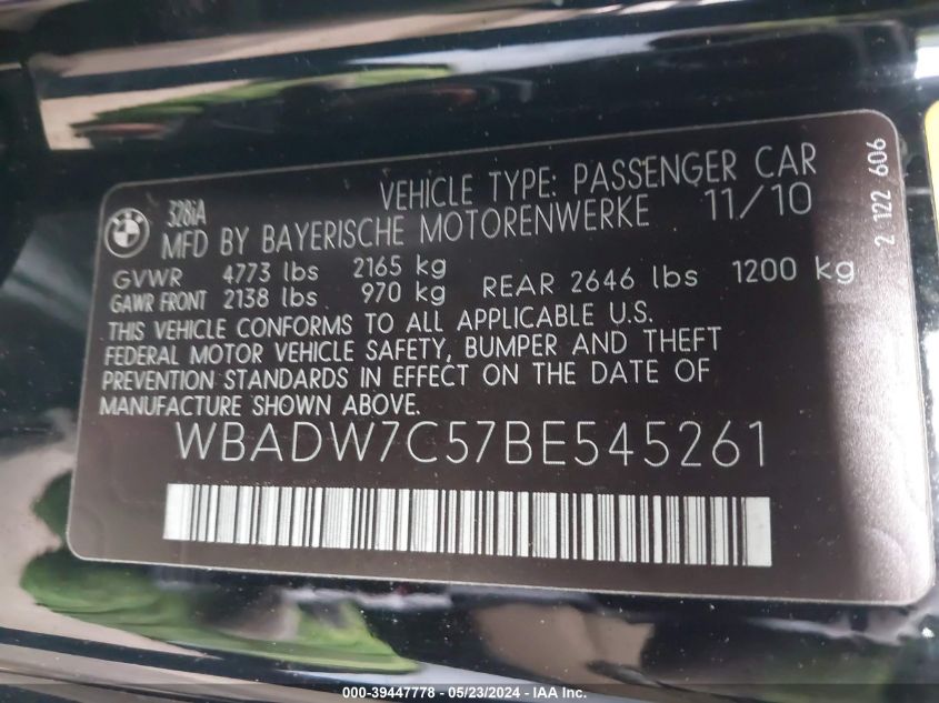2011 BMW 328I VIN: WBADW7C57BE545261 Lot: 39447778