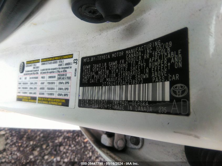 2010 Toyota Corolla S VIN: 2T1BU4EE0AC218973 Lot: 39447798