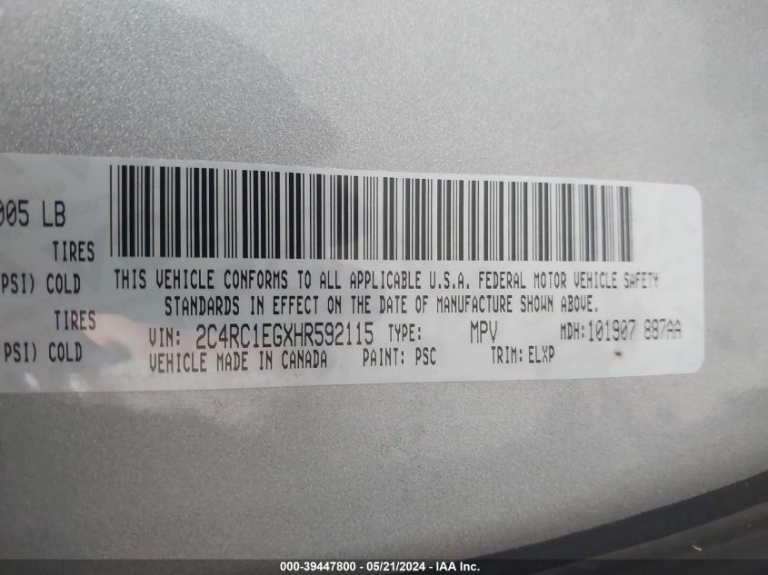 2017 CHRYSLER PACIFICA TOURING L PLUS - 2C4RC1EGXHR592115