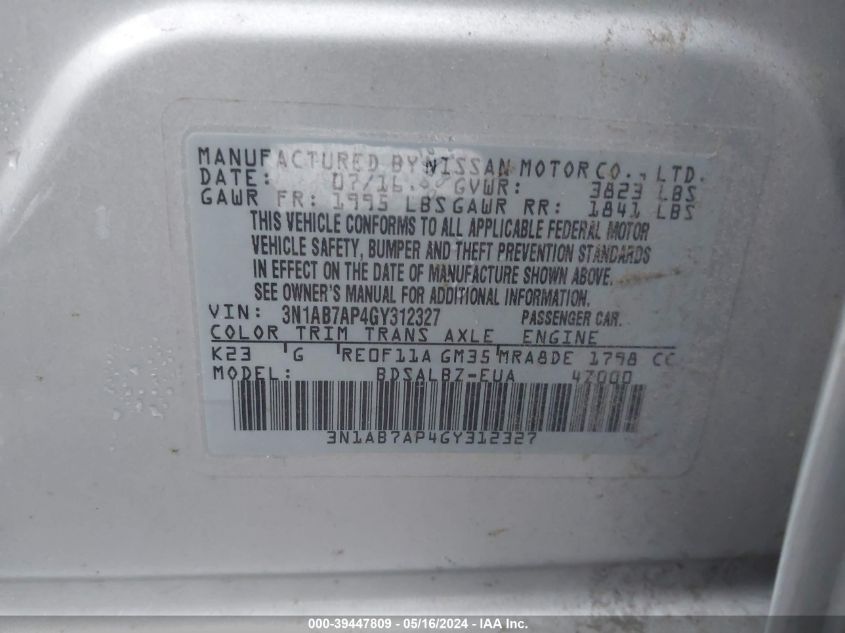 2016 Nissan Sentra S VIN: 3N1AB7AP4GY312327 Lot: 39447809