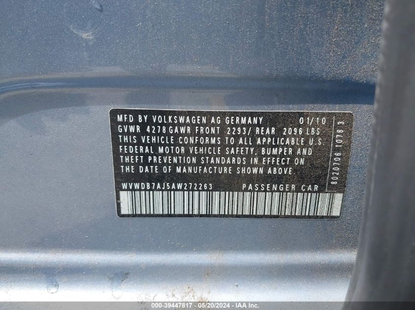 2010 Volkswagen Golf 4-Door VIN: WVWDB7AJ5AW272263 Lot: 39447817