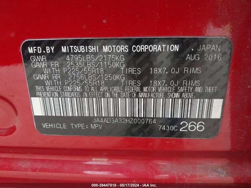 2017 Mitsubishi Outlander Sel VIN: JA4AD3A32HZ000764 Lot: 39447818