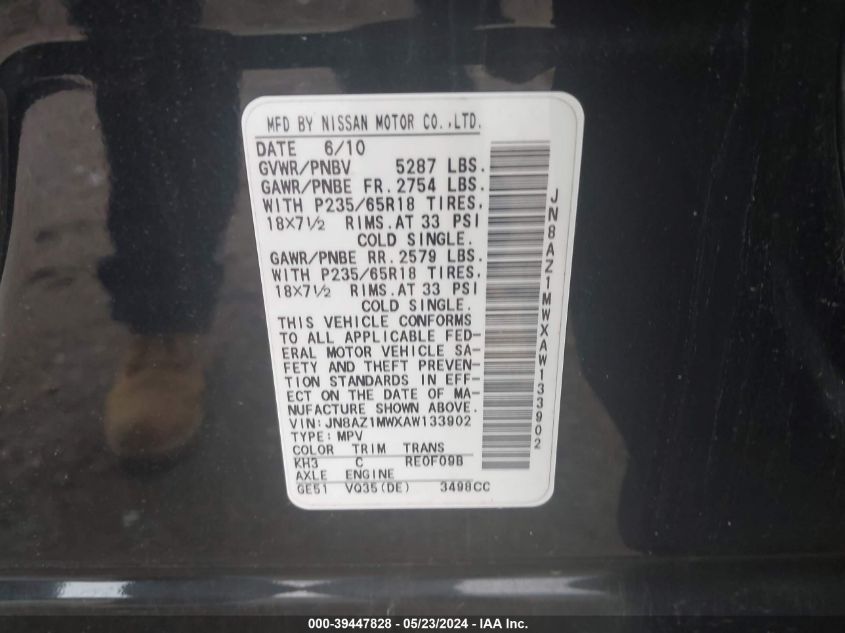 2010 Nissan Murano S VIN: JN8AZ1MWXAW133902 Lot: 39447828