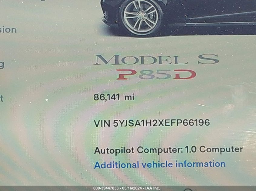 2014 Tesla Model S P85D VIN: 5YJSA1H2XEFP66196 Lot: 39447833