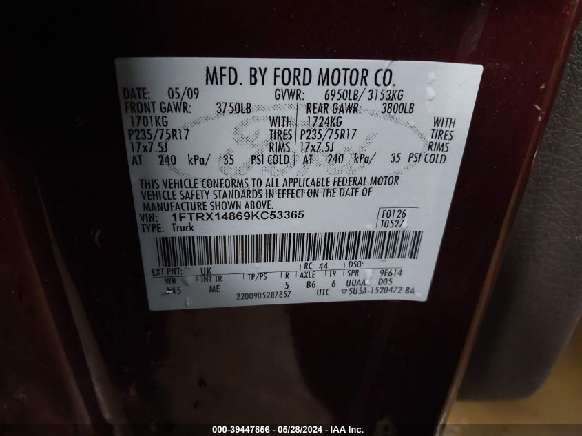 2009 Ford F-150 Stx/Xl/Xlt VIN: 1FTRX14869KC53365 Lot: 39447856