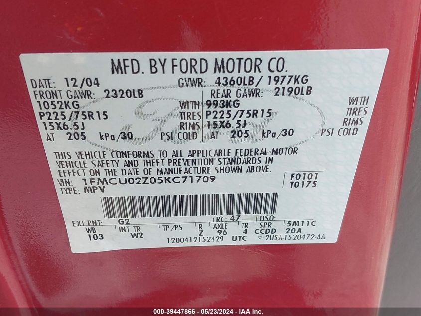 2005 Ford Escape Xls VIN: 1FMCU02Z05KC71709 Lot: 39447866