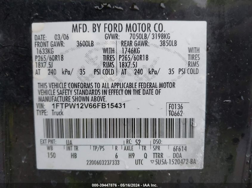 2006 Ford F-150 Lariat/Xlt VIN: 1FTPW12V66FV15431 Lot: 39447876