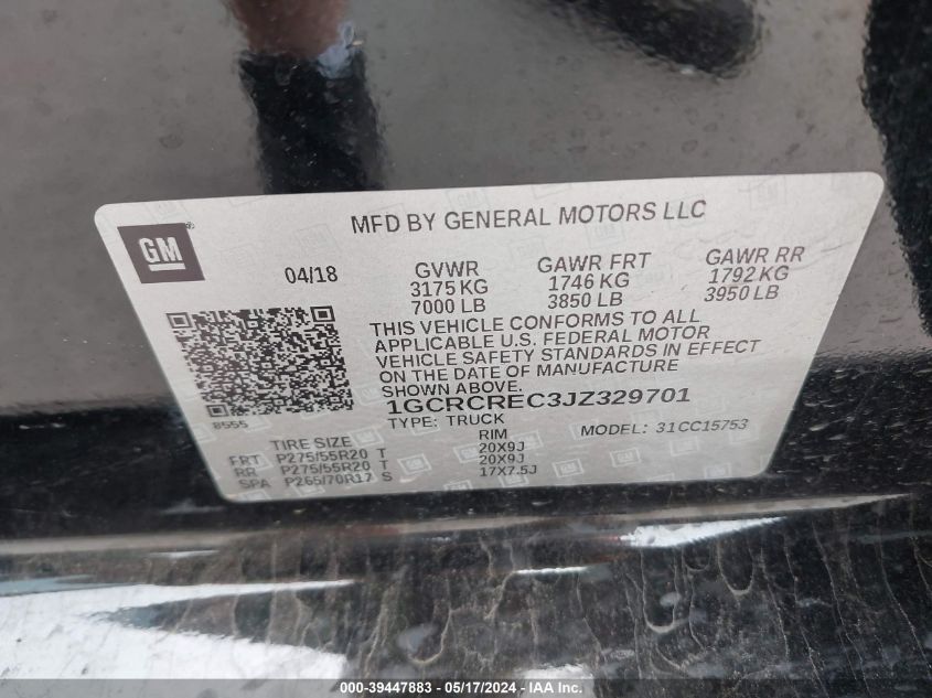 2018 Chevrolet Silverado 1500 1Lt VIN: 1GCRCREC3JZ329701 Lot: 39447883