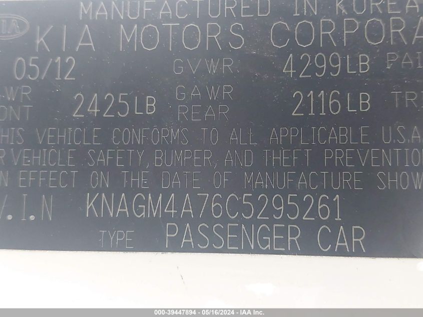 2012 Kia Optima Lx VIN: KNAGM4A76C5295261 Lot: 39447894