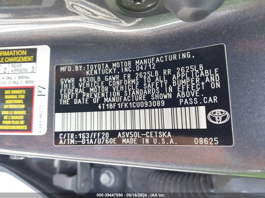 2012 Toyota Camry Se VIN: 4T1BF1FK1CU093089 Lot: 39447898