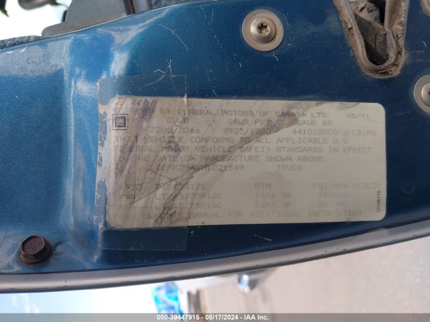 1991 Chevrolet Gmt-400 K2500 VIN: 2GCFK29K4M1221549 Lot: 39447915