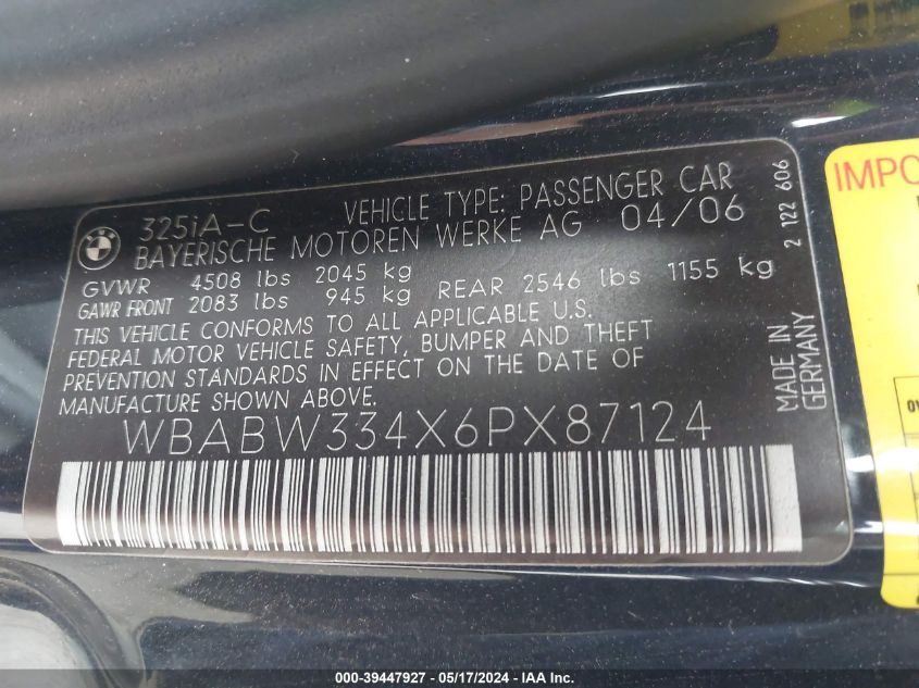 2006 BMW 325Ci VIN: WBABW334X6PX87124 Lot: 39447927