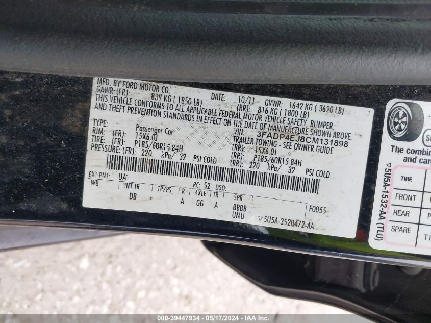 2012 Ford Fiesta Se VIN: 3FADP4EJ8CM131898 Lot: 39447934