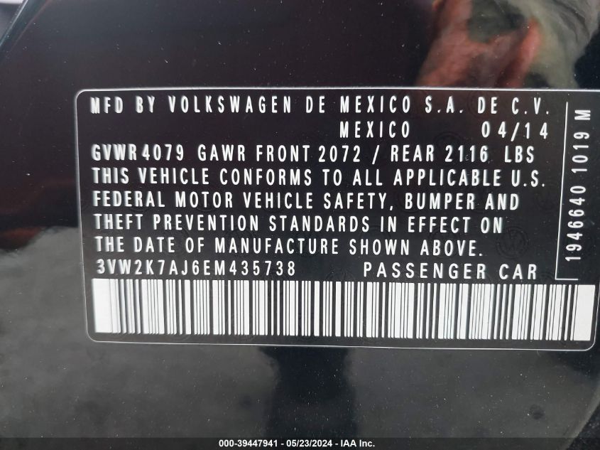 2014 VOLKSWAGEN JETTA S - 3VW2K7AJ6EM435738