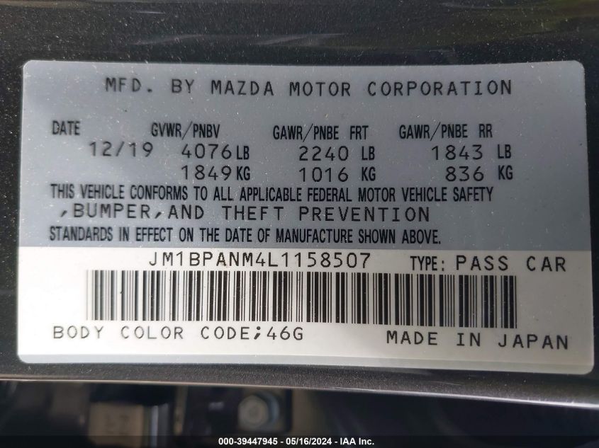 2020 Mazda Mazda3 Premium Package VIN: JM1BPANM4L1158507 Lot: 39447945