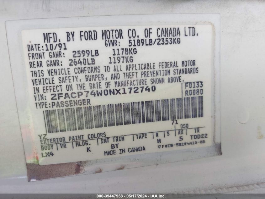 1992 Ford Crown Victoria Lx VIN: 2FACP74W0NX172740 Lot: 39447958