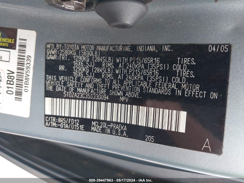 2005 Toyota Sienna Ce VIN: 5TDZA23C35S330094 Lot: 39447963