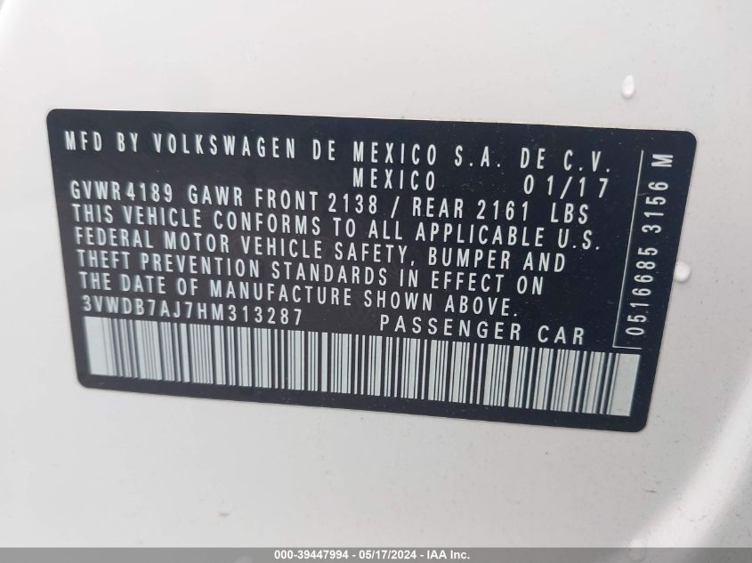 2017 Volkswagen Jetta 1.4T Se VIN: 3VWDB7AJ7HM313287 Lot: 39447994