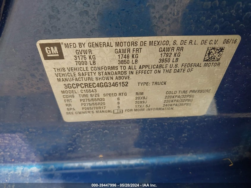 2016 Chevrolet Silverado 1500 1Lt VIN: 3GCPCREC4GG346152 Lot: 39447996