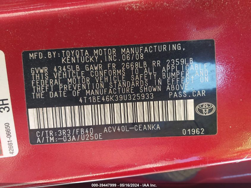 2009 Toyota Camry Le VIN: 4T1BE46K39U325933 Lot: 39447999
