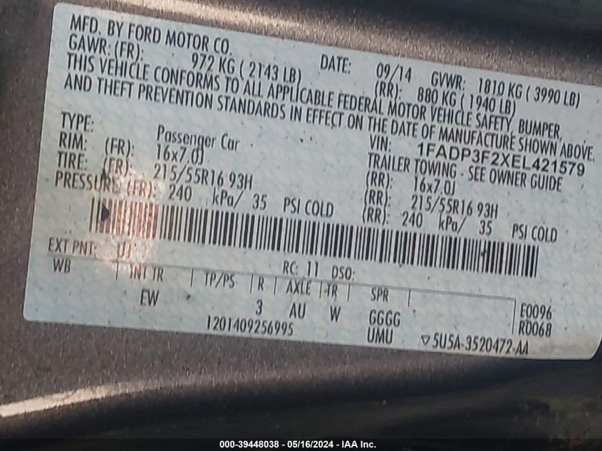 2014 Ford Focus Se VIN: 1FADP3F2XEL421579 Lot: 39448038