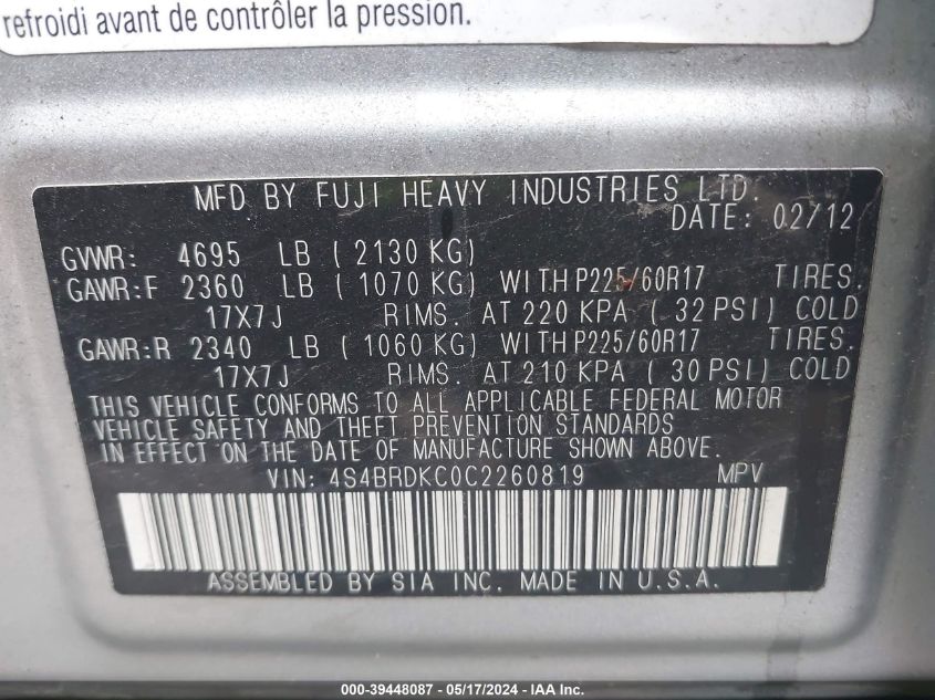 2012 Subaru Outback 3.6R Limited VIN: 4S4BRDKC0C2260819 Lot: 39448087