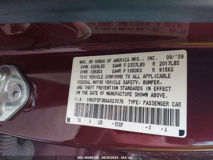 2010 Honda Accord 2.4 Lx VIN: 1HGCP2F38AA027076 Lot: 39448106