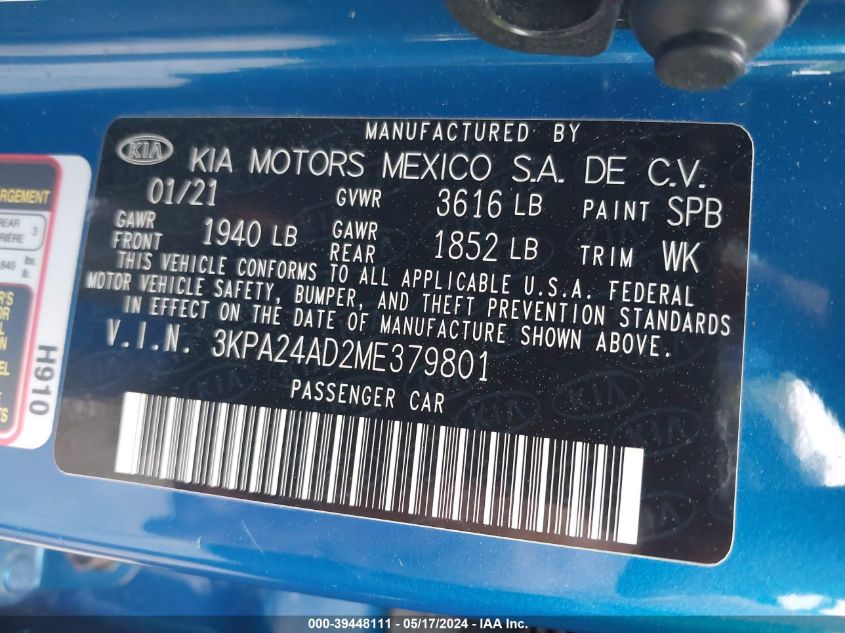 2021 Kia Rio S VIN: 3KPA24AD2ME379801 Lot: 39448111