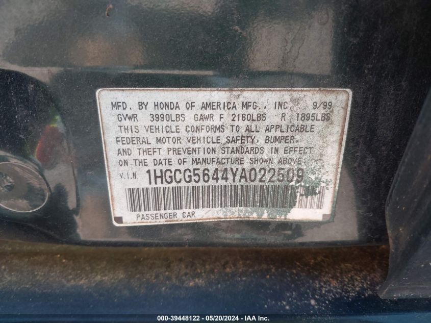 2000 Honda Accord 2.3 Lx VIN: 1HGCG5644YA022509 Lot: 39448122