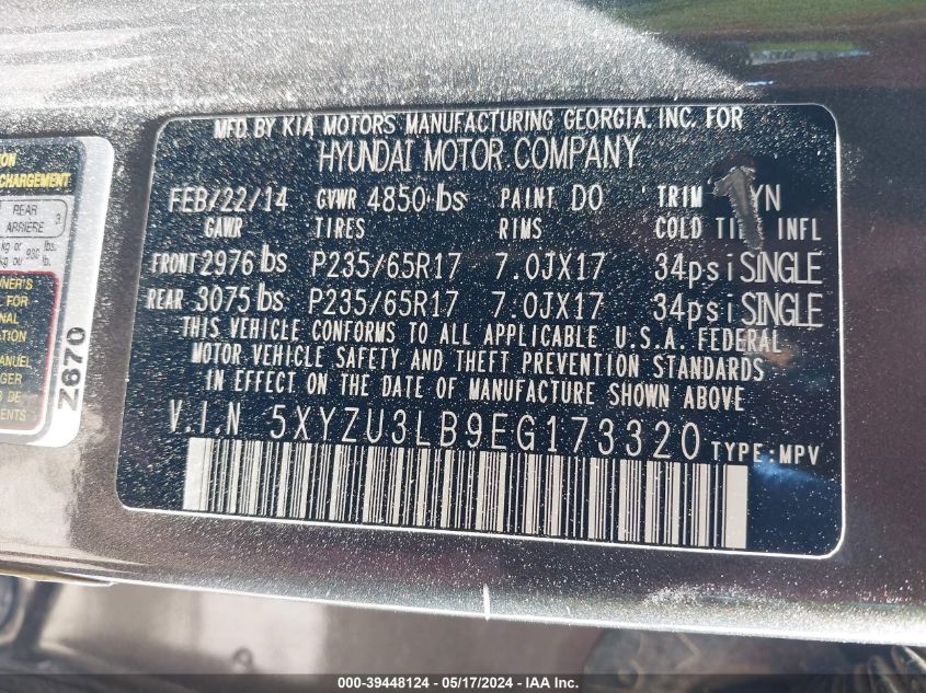 2014 Hyundai Santa Fe Sport 2.4L VIN: 5XYZU3LB9EG173320 Lot: 39448124