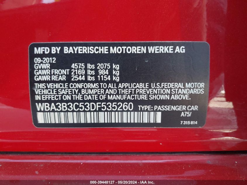 2013 BMW 328I xDrive VIN: WBA3B3C53DF535260 Lot: 39448127