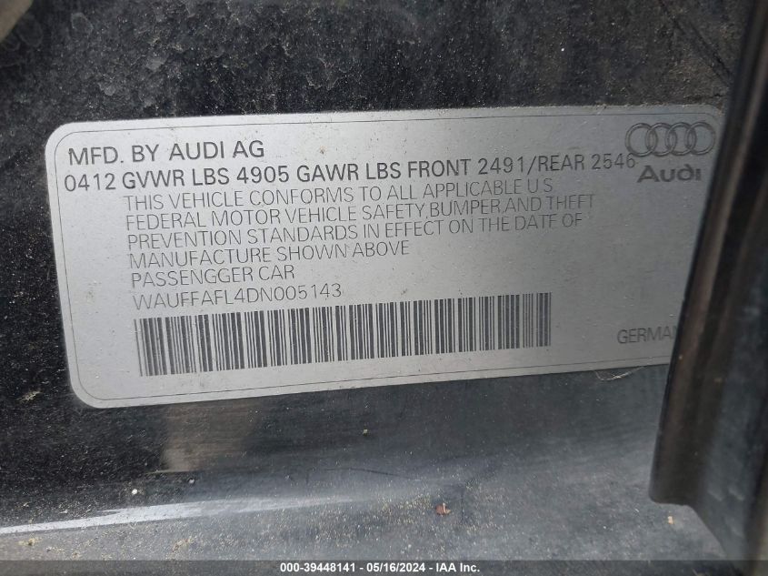 2013 Audi A4 2.0T Premium VIN: WAUFFAFL4DN005143 Lot: 39448141