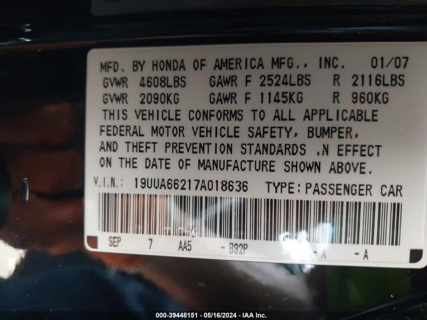 2007 Acura Tl 3.2 VIN: 19UUA66217A018636 Lot: 39448151