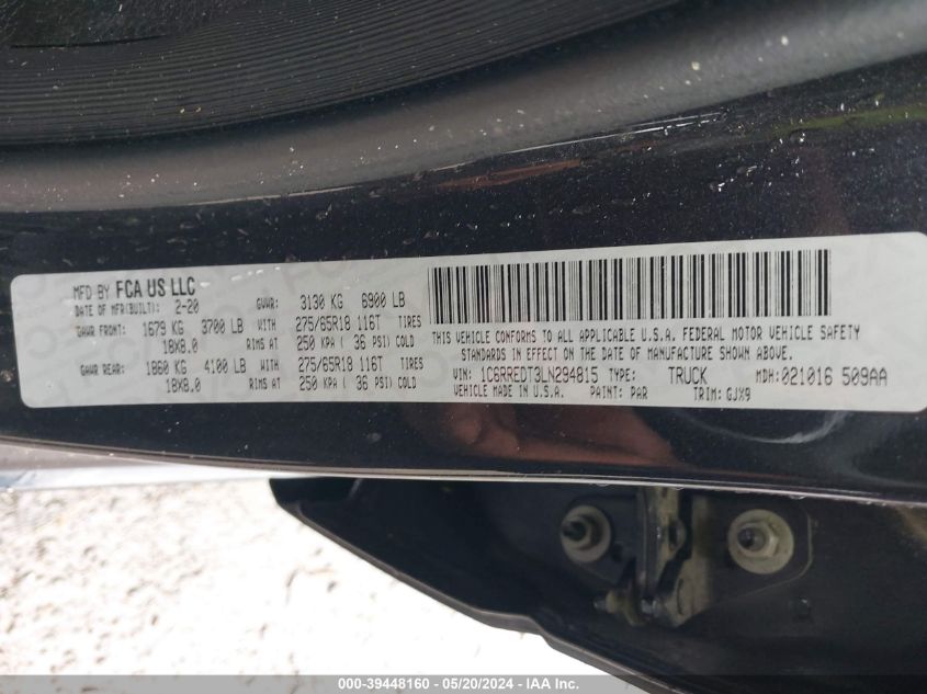 2020 Ram 1500 Laramie Quad Cab 4X2 6'4 Box VIN: 1C6RREDT3LN294815 Lot: 39448160