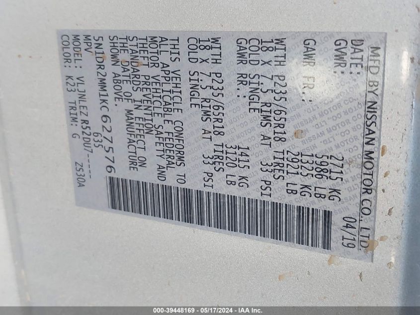 2019 Nissan Pathfinder Sv VIN: 5N1DR2MM1KC627576 Lot: 39448169