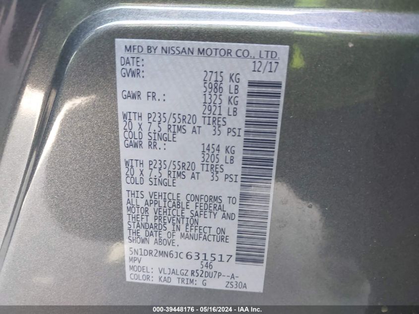 2018 Nissan Pathfinder Sl VIN: 5N1DR2MN6JC631517 Lot: 39448176