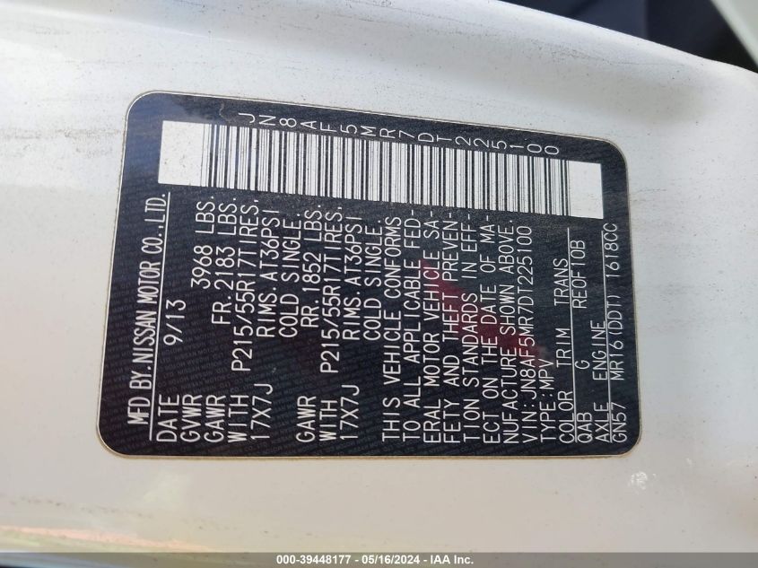2013 Nissan Juke S VIN: JN8AF5MR7DT225100 Lot: 39448177