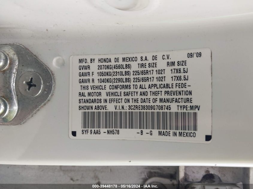 2009 Honda Cr-V Lx VIN: 3CZRE38309G708745 Lot: 39448178