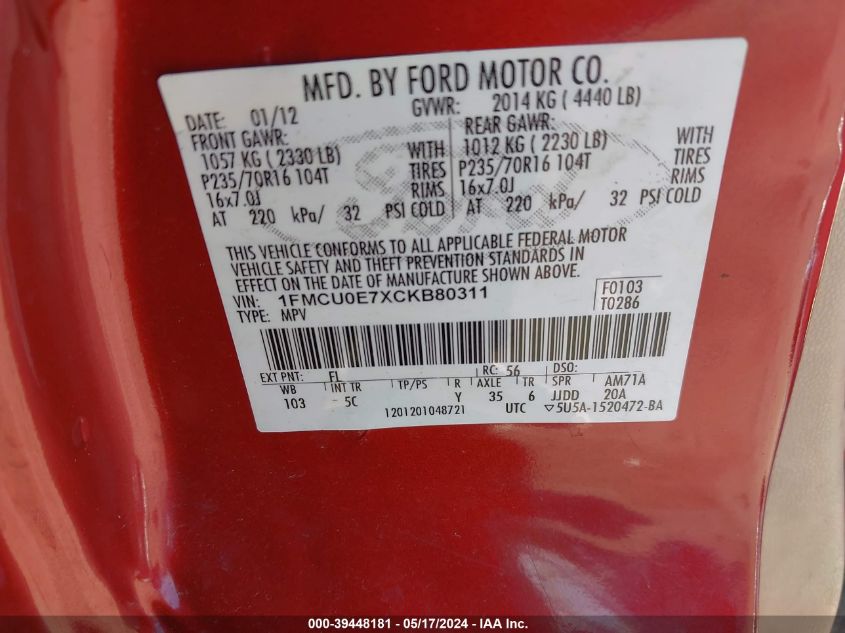 2012 Ford Escape Limited VIN: 1FMCU0E7XCKB80311 Lot: 39448181