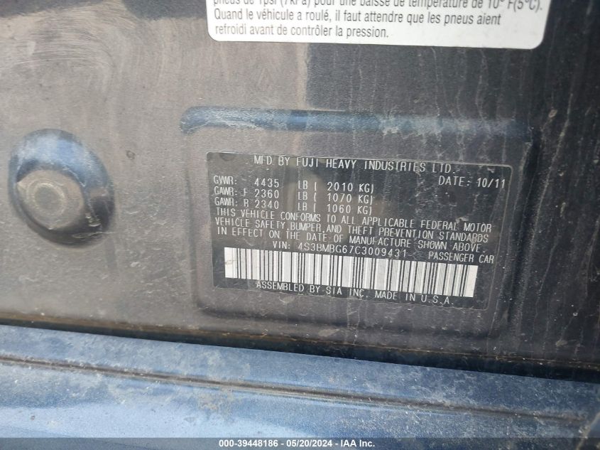 2012 Subaru Legacy 2.5I Premium VIN: 4S3BMBG67C3009431 Lot: 39448186