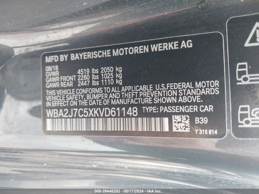 2019 BMW M240I xDrive VIN: WBA2J7C5XKVD61148 Lot: 39448202