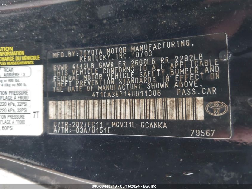 2004 Toyota Camry Solara Se Sport V6 VIN: 4T1CA38P14U011306 Lot: 39448219