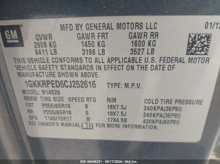 2012 GMC Acadia Sle VIN: 1GKKRPED6CJ252616 Lot: 39448221