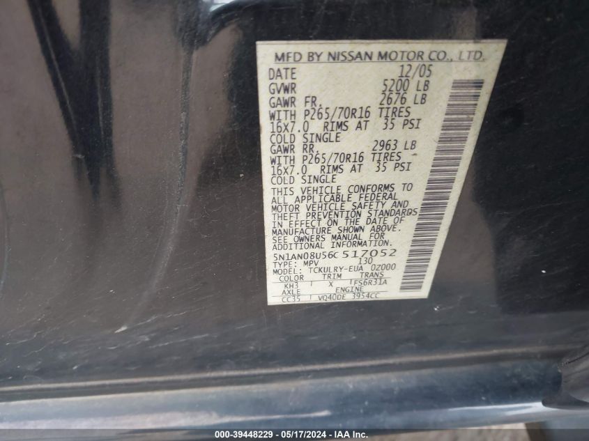 2006 Nissan Xterra S VIN: 5N1AN08U56C517052 Lot: 39448229