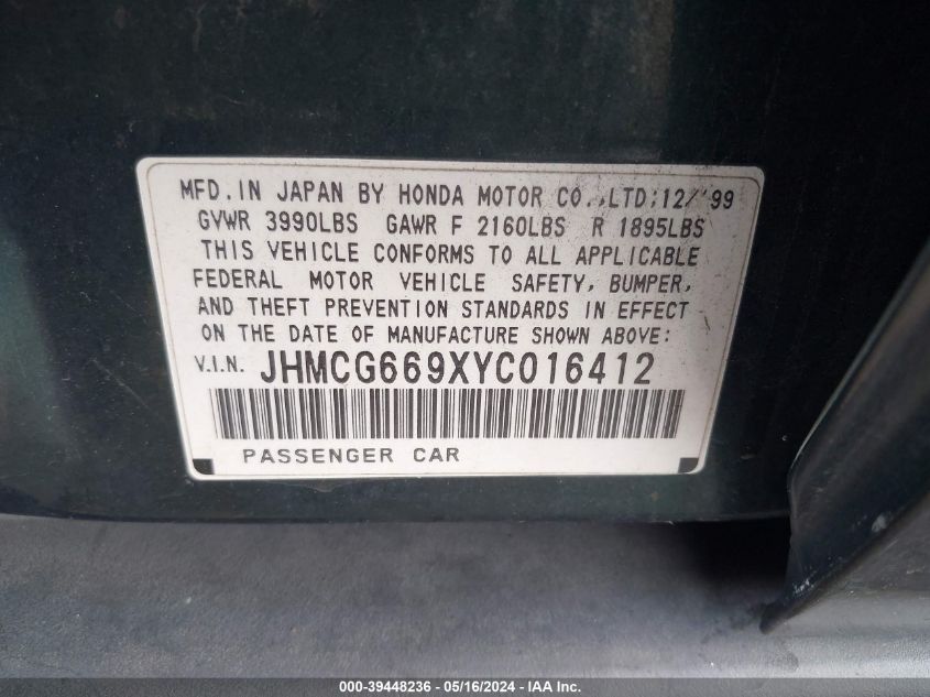 2000 Honda Accord 2.3 Se VIN: JHMCG669XYC016412 Lot: 39448236